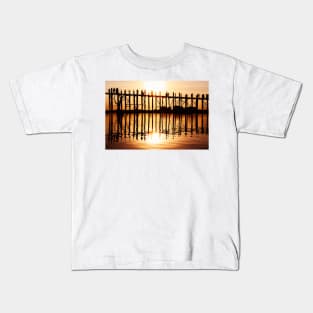 Silhouette of People on Long Wooden Bridge in Mandalay, Burma Kids T-Shirt